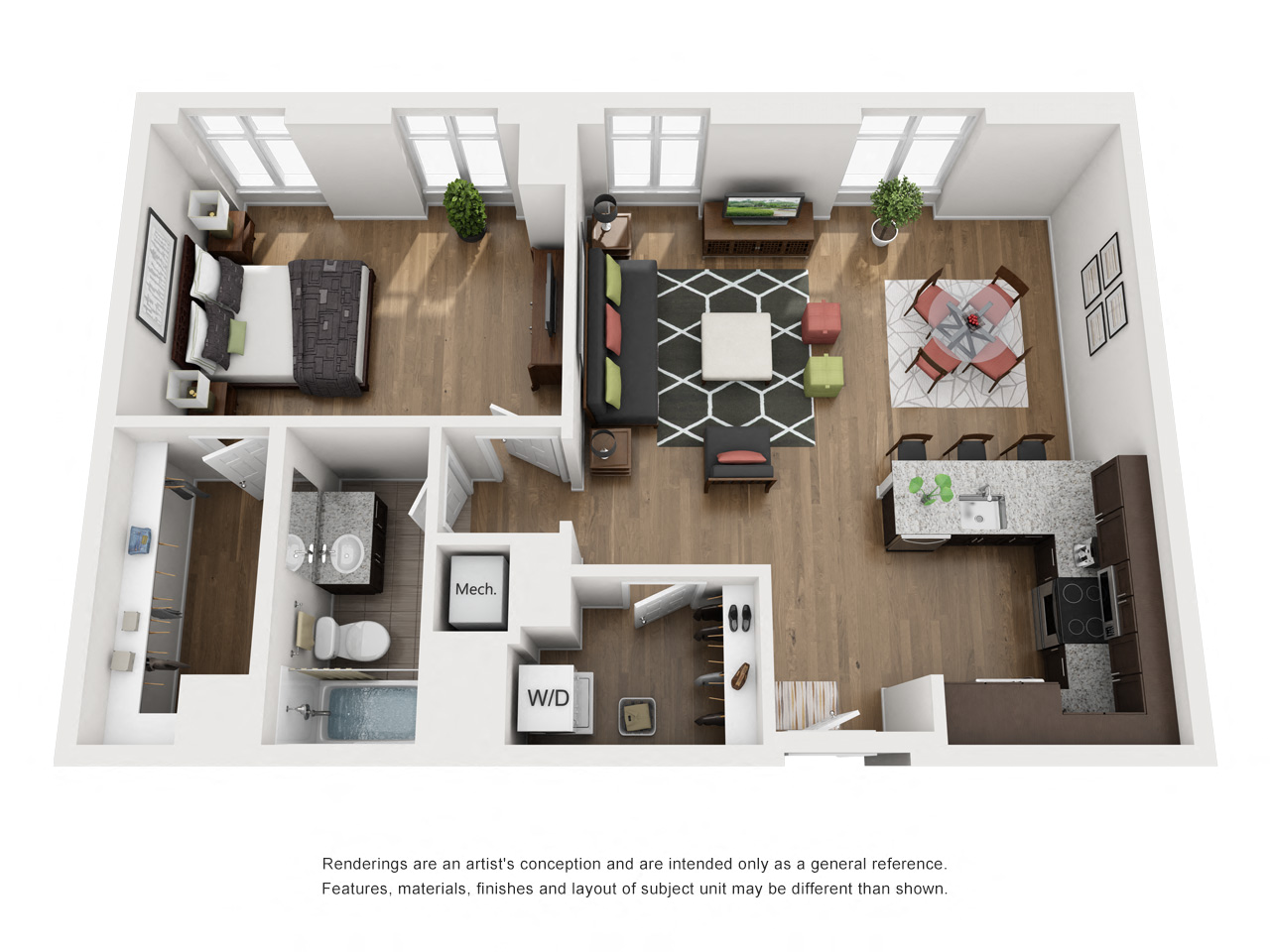 Floor plan for 1 bed, 1 bath, 829 sqft